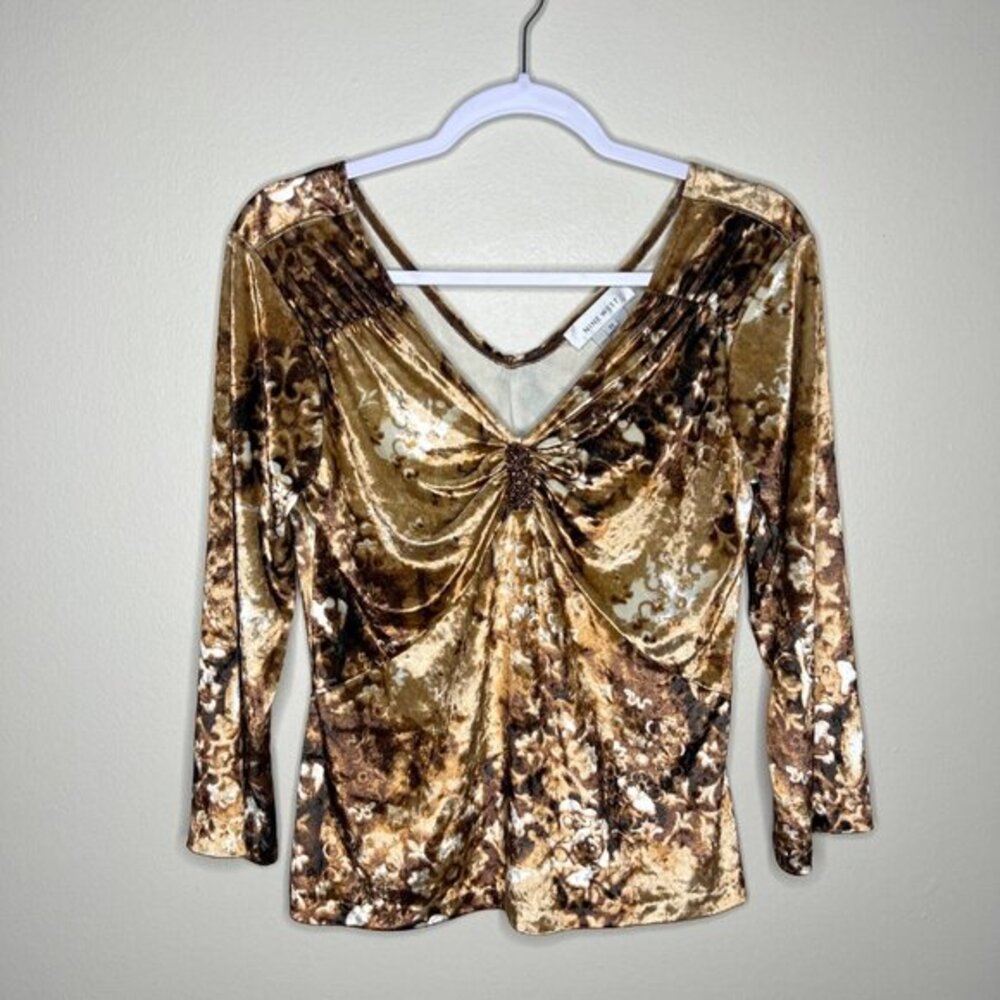 Nine West Brown Velvet Beaded V-Neck 3/4 Sleeve Top